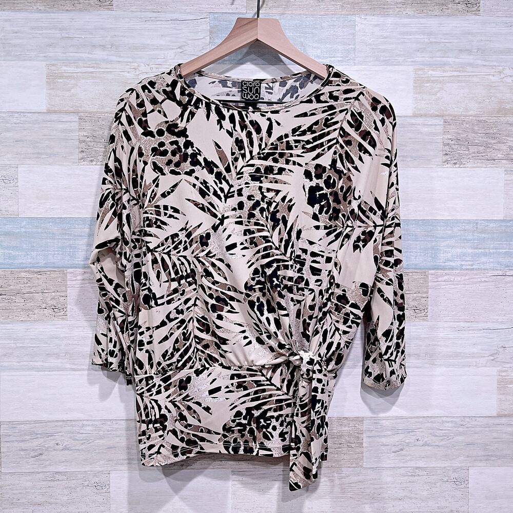 CLARA SUN WOO Leaf Print Tie Waist Dolman Sleeve Blouse Beige Black Women XS